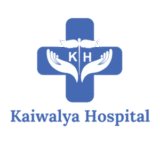 Logo of Kaiwalya Hospital, featuring a cross with a pair of hands supporting a stylized winged symbol and the initials "KH" at the center.