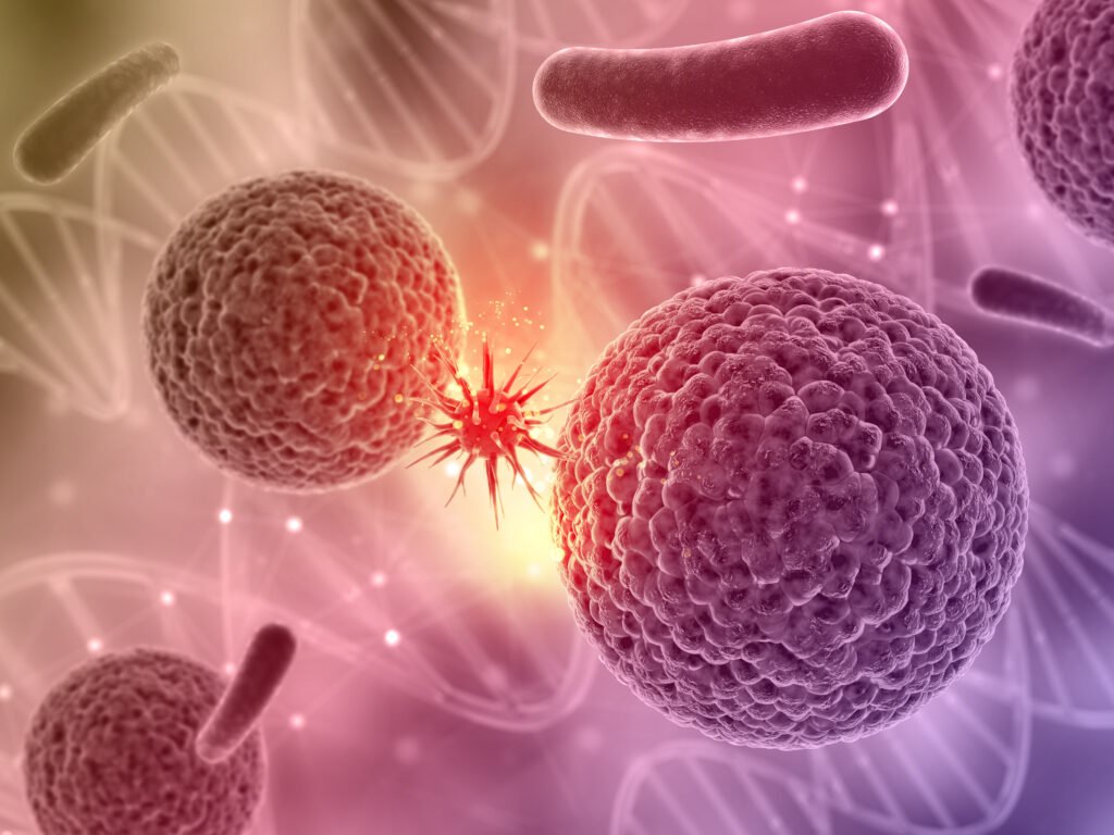 3D medical illustration of cancer cells and bacteria, symbolizing advanced oncology and infection research at Kaiwalya Hospital, the best hospital in Indore on Khandwa Road.