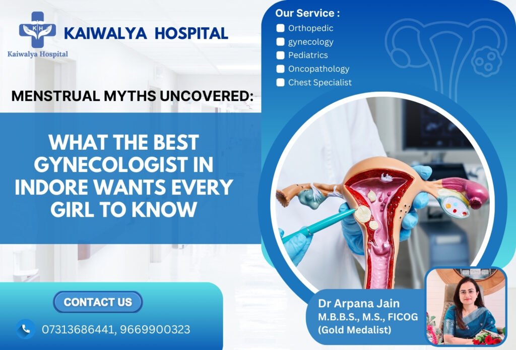 Menstrual myths awareness banner by Kaiwalya Hospital featuring Dr. Arpana Jain explaining women’s reproductive health and gynecology care in Indore