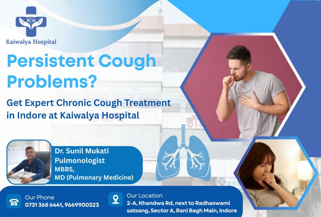 Promotional banner of Kaiwalya Hospital for Chronic Cough Treatment in Indore featuring Dr. Sunil Mukati, pulmonologist, with images of patients coughing and lung illustration.