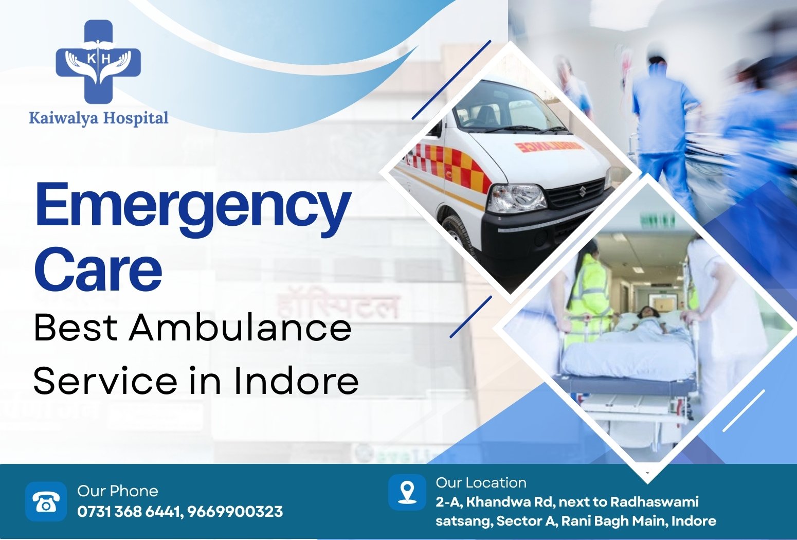 Emergency ambulance service at Kaiwalya Hospital Indore with medical team transporting a patient for urgent care.