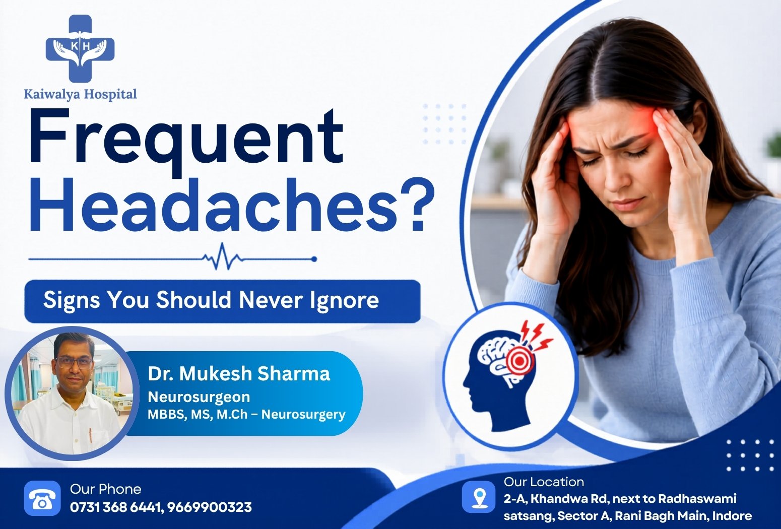 Woman suffering from frequent headaches with Dr. Mukesh Sharma promoting advanced headache treatment in Indore