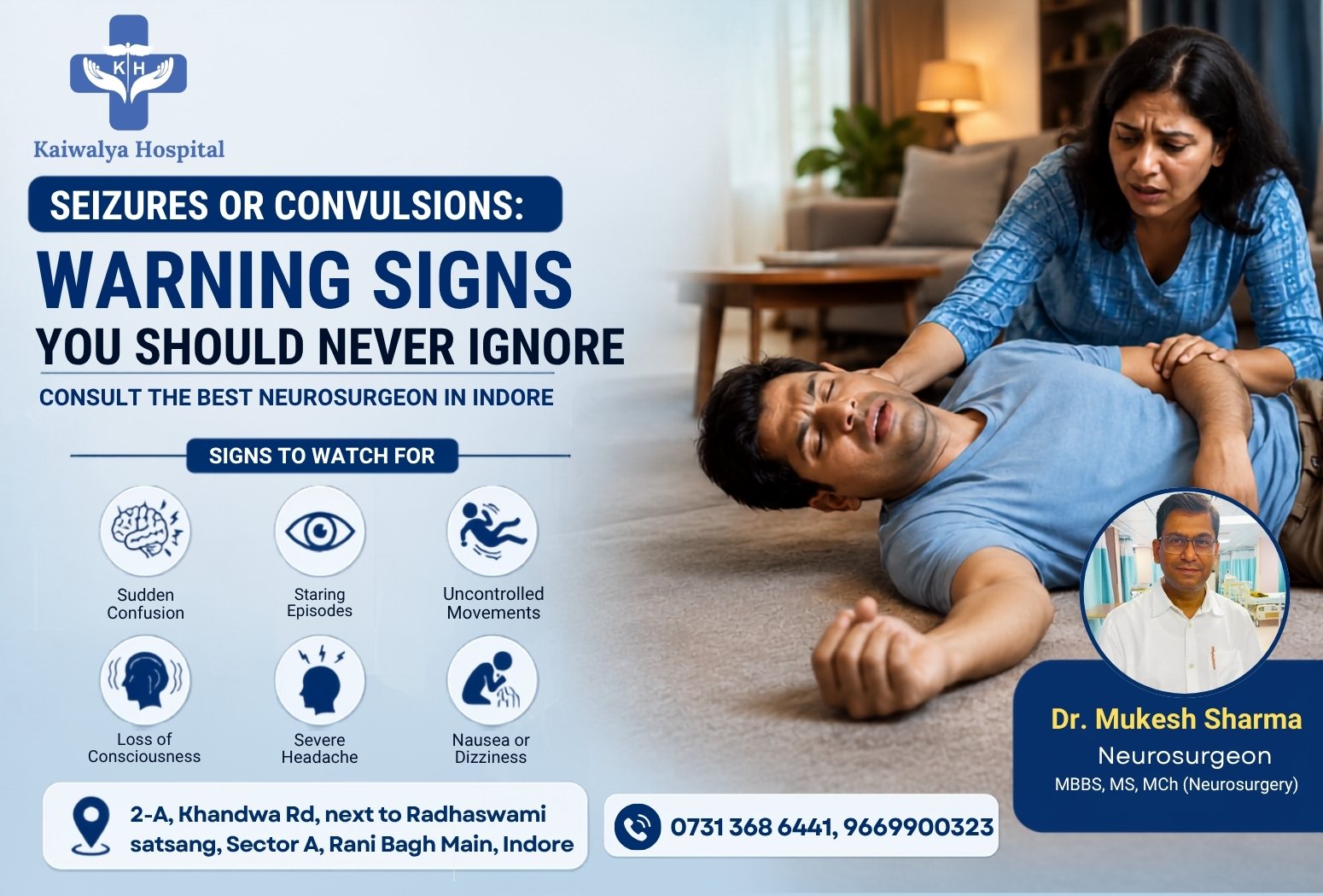 Medical awareness banner showing seizure warning signs, a patient experiencing a convulsion, and Dr. Mukesh Sharma promoting expert seizures treatment in Indore.