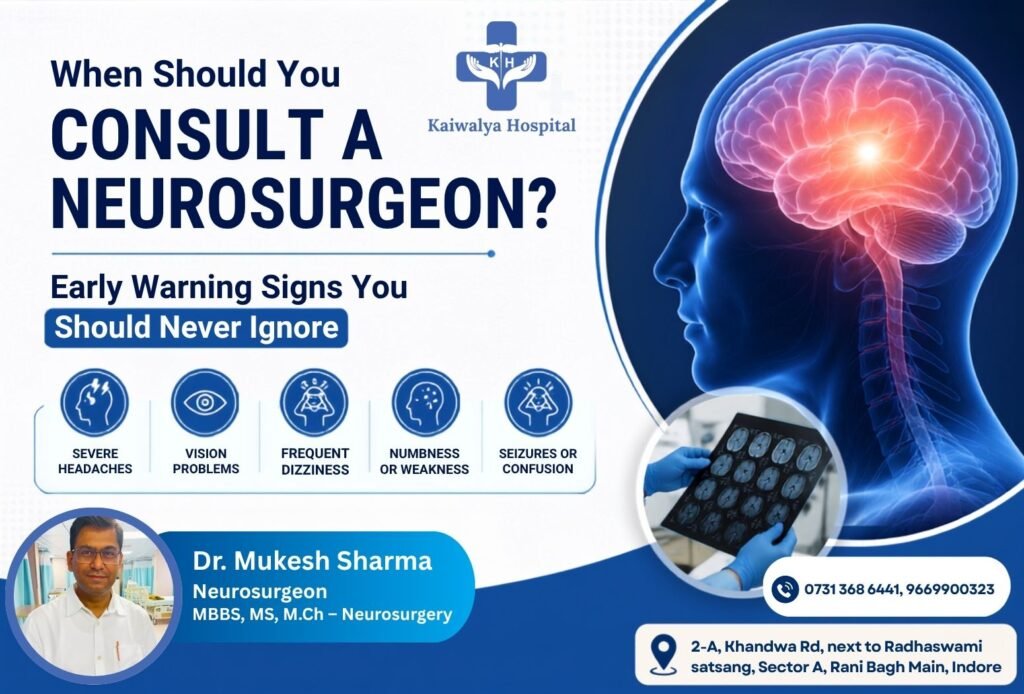 Medical awareness banner showing early warning signs that indicate when to consult a neurosurgeon, featuring a brain illustration, neurological symptoms, and Dr. Mukesh Sharma at Kaiwalya Hospital.